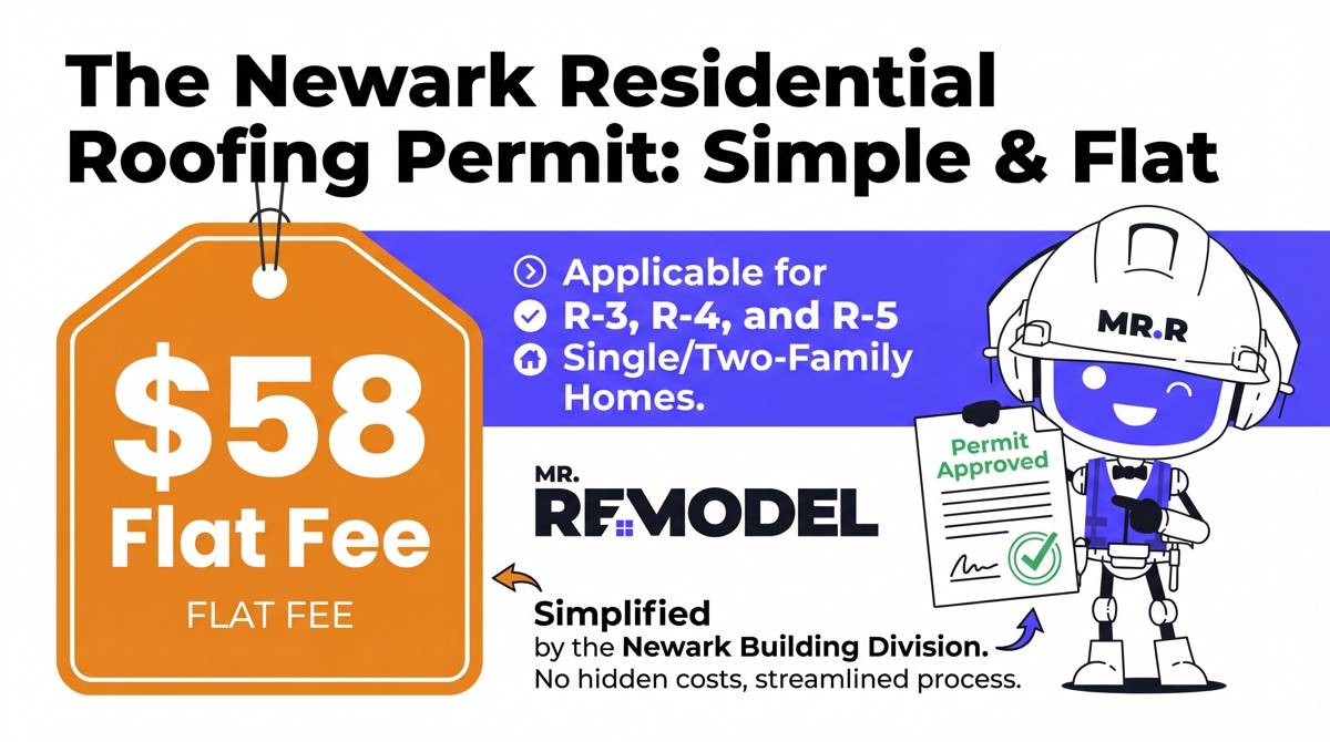 A Newark permit guide infographic showing a $58 flat fee for residential roofing permits on R-3, R-4, and R-5 properties.